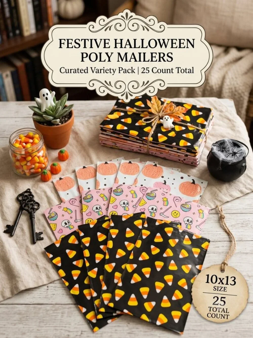 Halloween Poly Mailers Variety Pack 10x13 Candy Corn Pumpkin Pink 25 Count